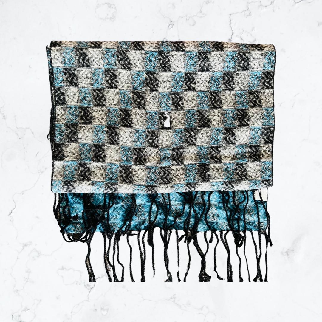 Blue, gray and black color blocking silk scarf