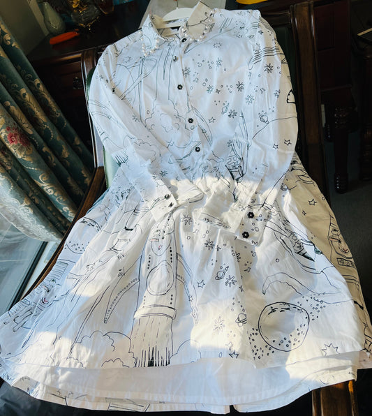 Women's white background printing cotton long sleeve dress