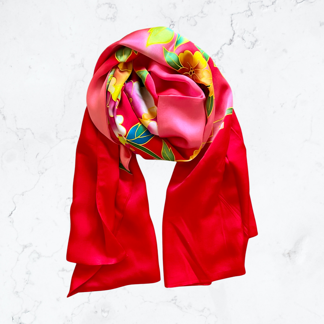 Red peony silk scarf