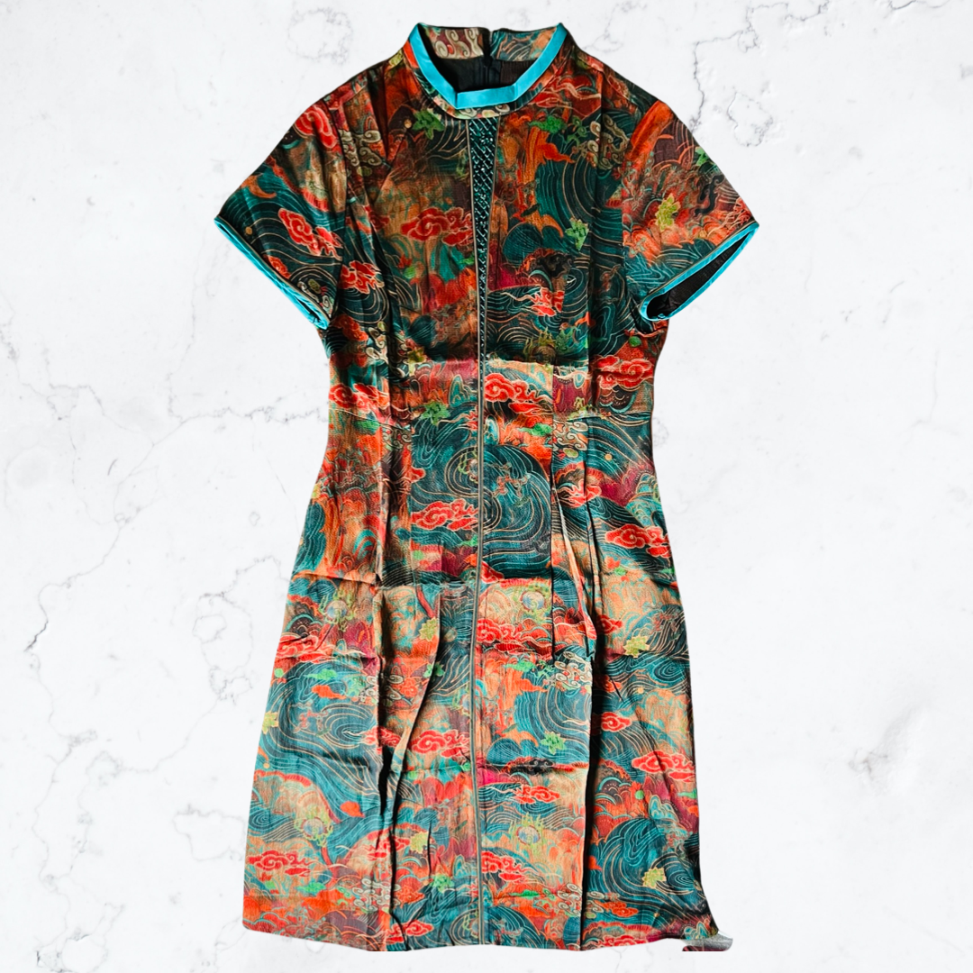 Seawater pattern auspicious clouds silk cheongsam dress