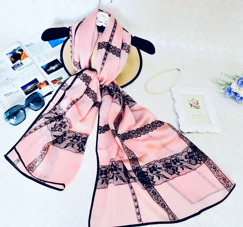 Black edge lace pink long silk scarf