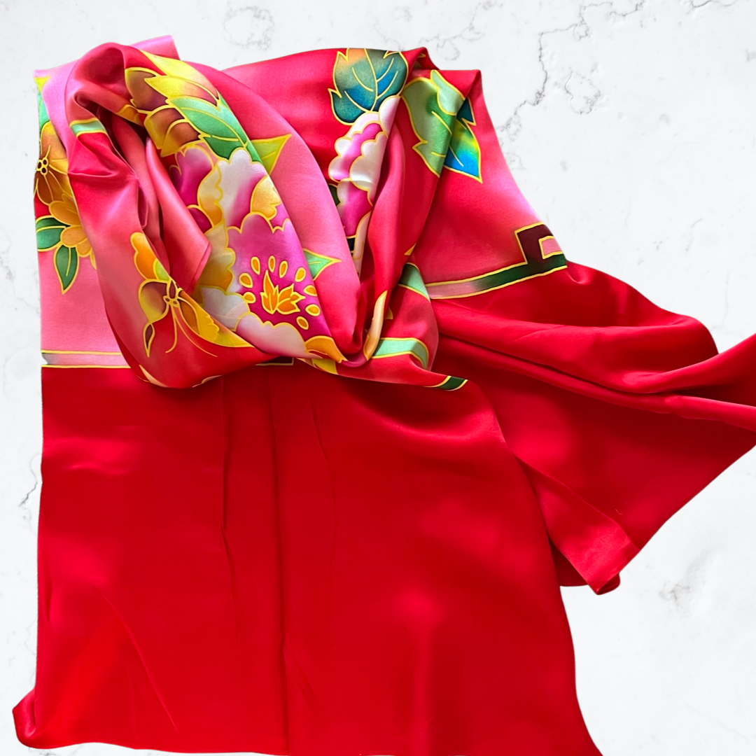 Red peony silk scarf