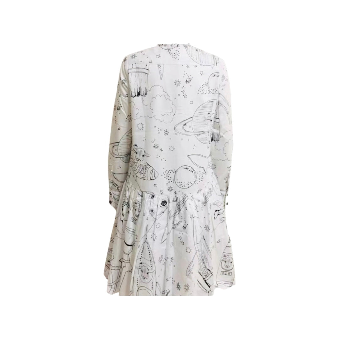 Women's white background printing cotton long sleeve dress