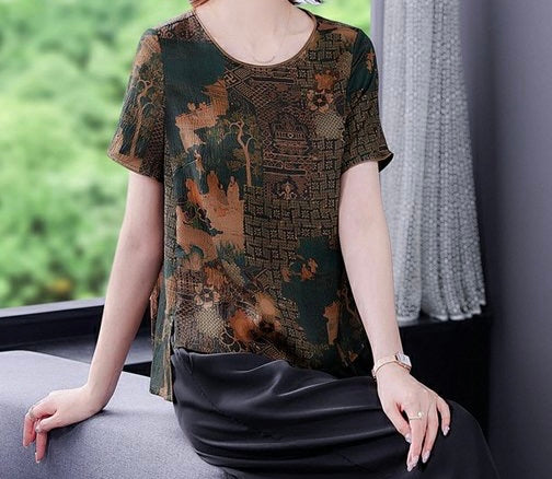 Pearl satin mulberry silk top with green background