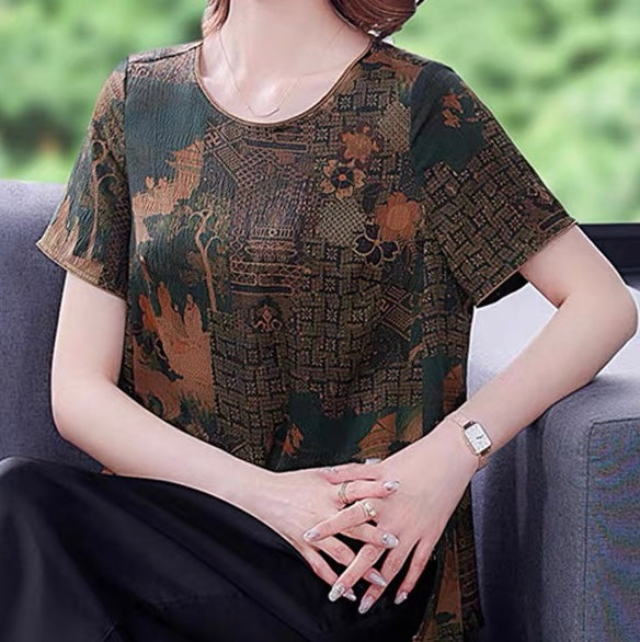 Pearl satin mulberry silk top with green background