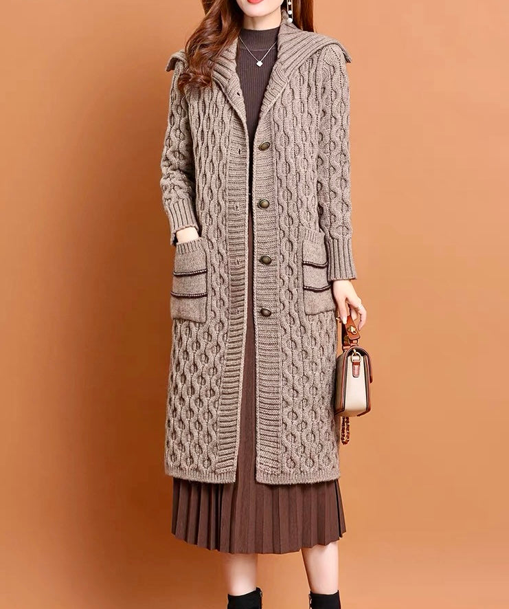 Women's lapel knitted long jacket