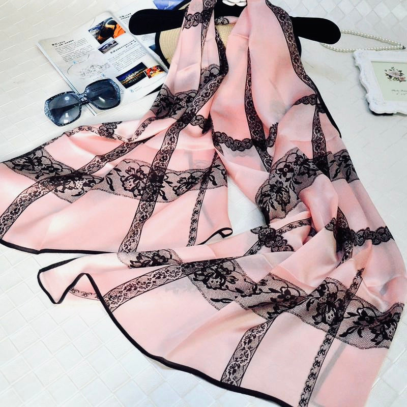 Black edge lace pink long silk scarf