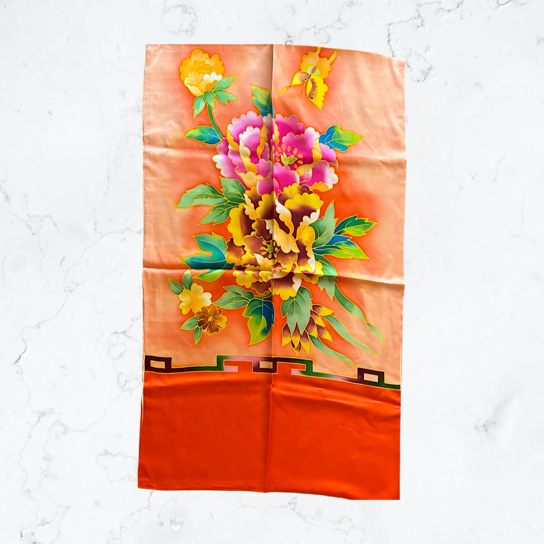 Orange red peony silk scarf