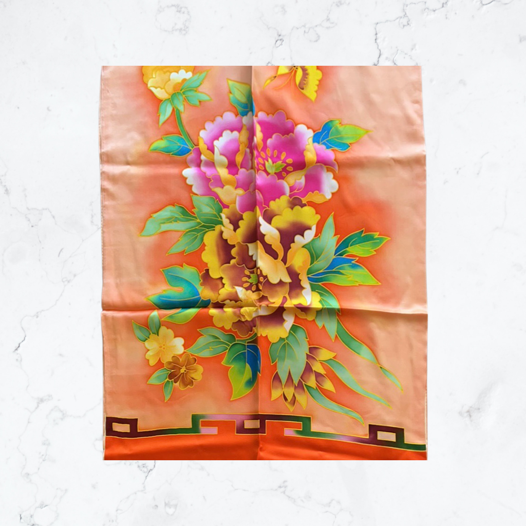 Orange red peony silk scarf