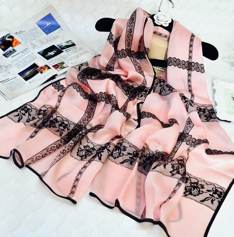 Black edge lace pink long silk scarf