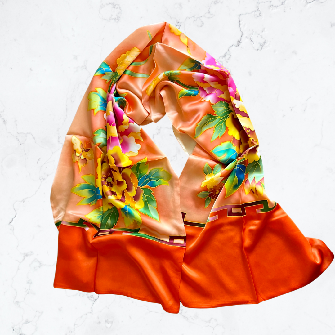 Orange red peony silk scarf