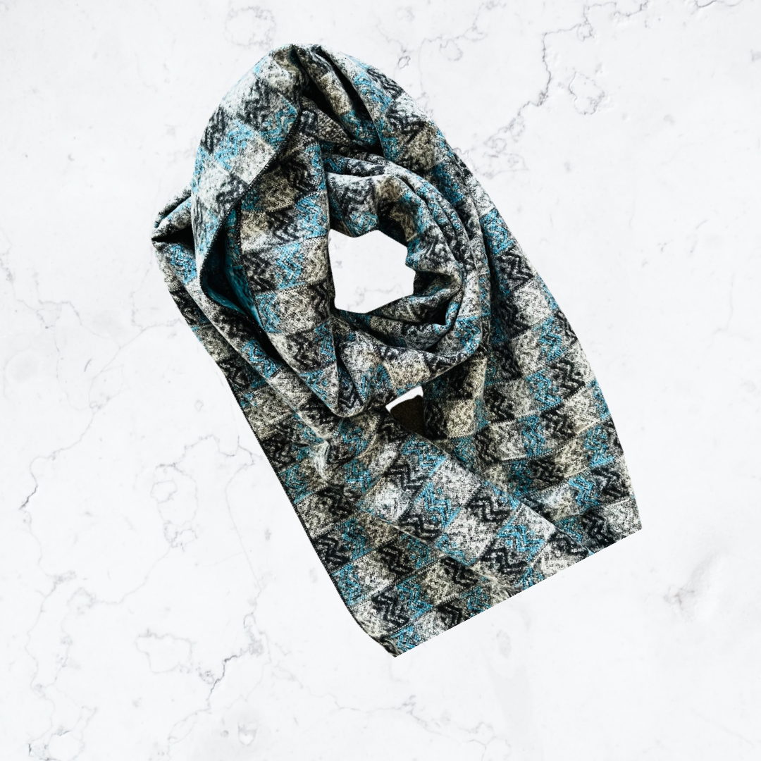 Blue, gray and black color blocking silk scarf