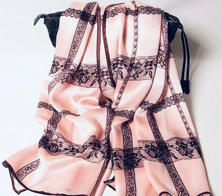 Black edge lace pink long silk scarf