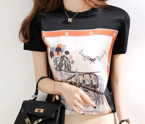 Silk satin silk short-sleeved T-shirt