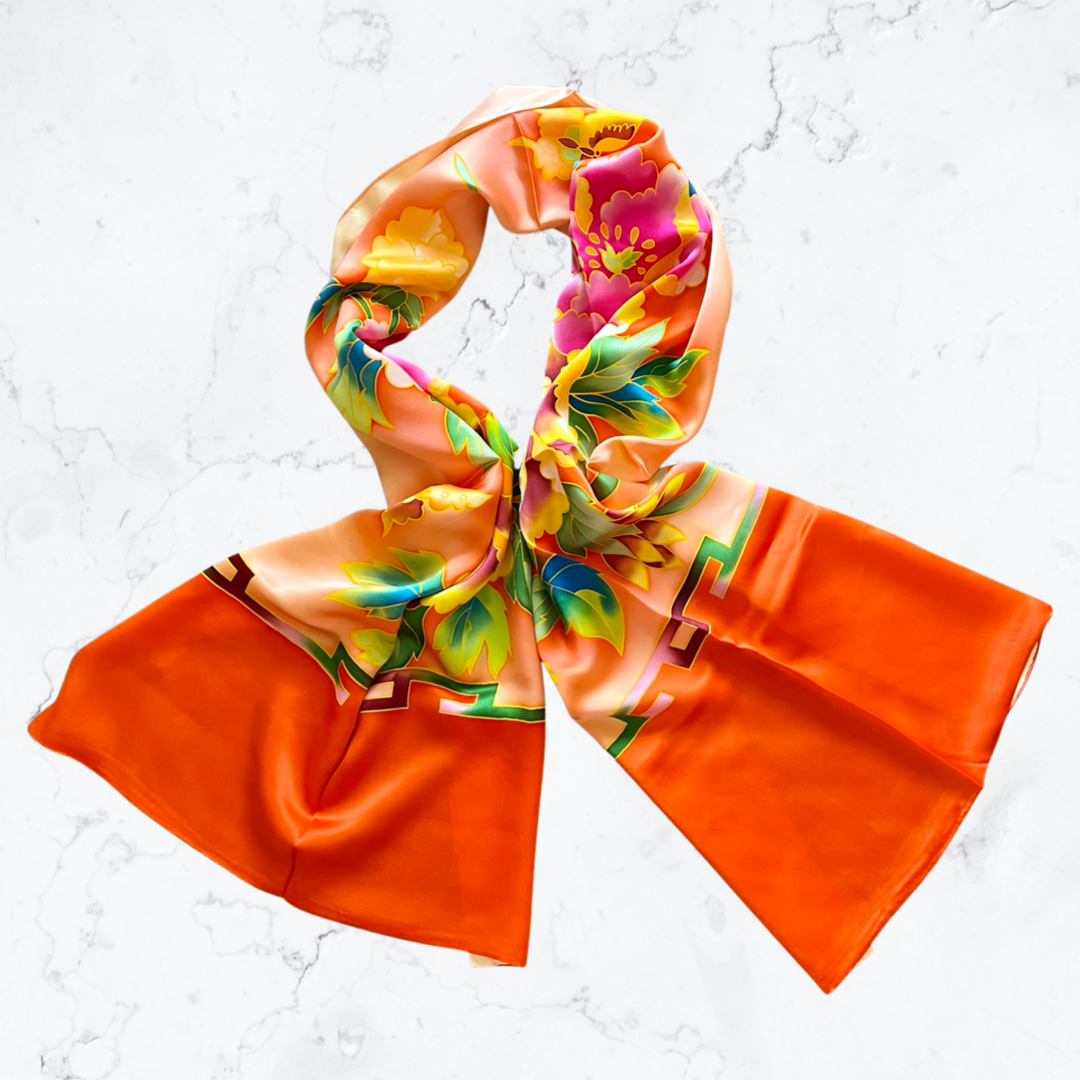 Orange red peony silk scarf