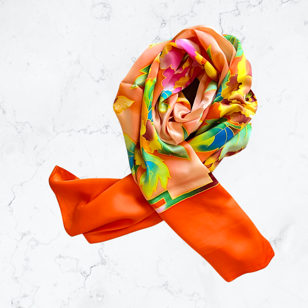 Orange red peony silk scarf