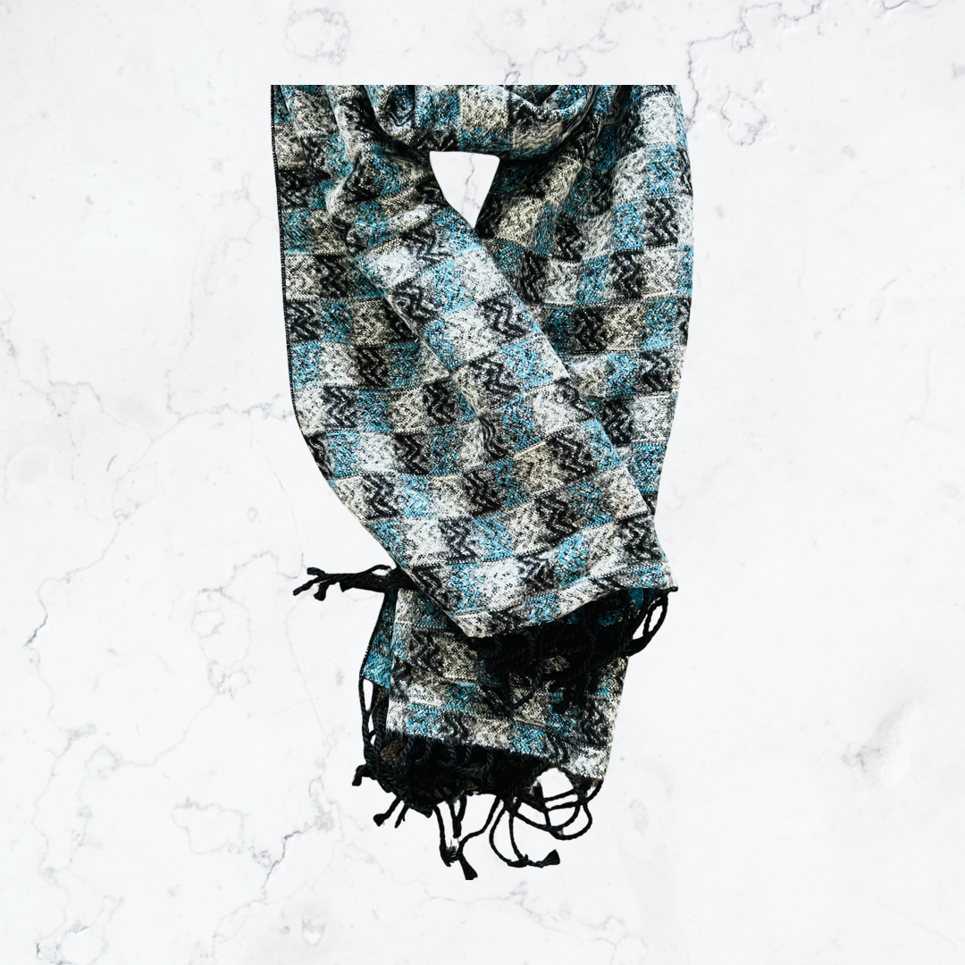 Blue, gray and black color blocking silk scarf