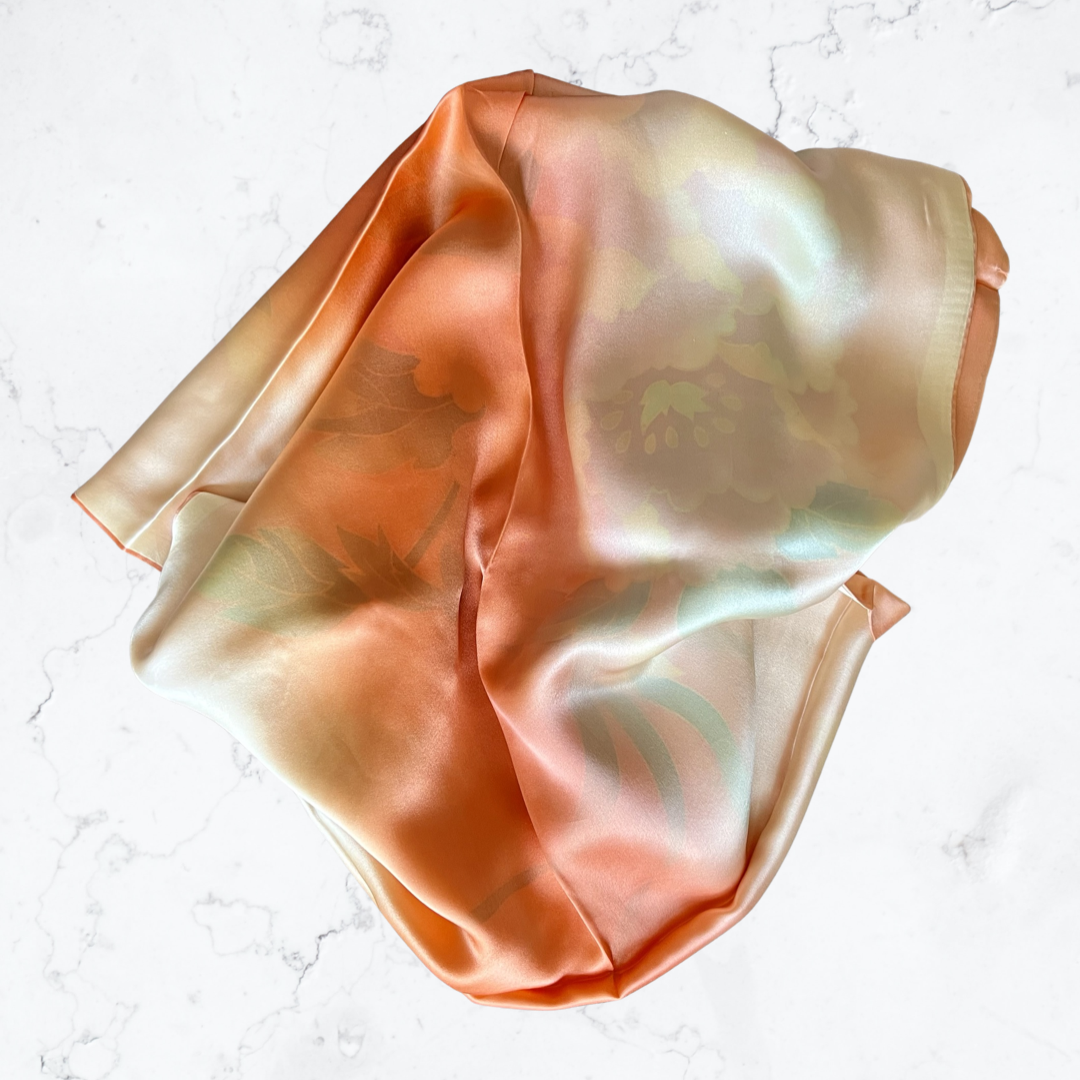 Orange red peony silk scarf