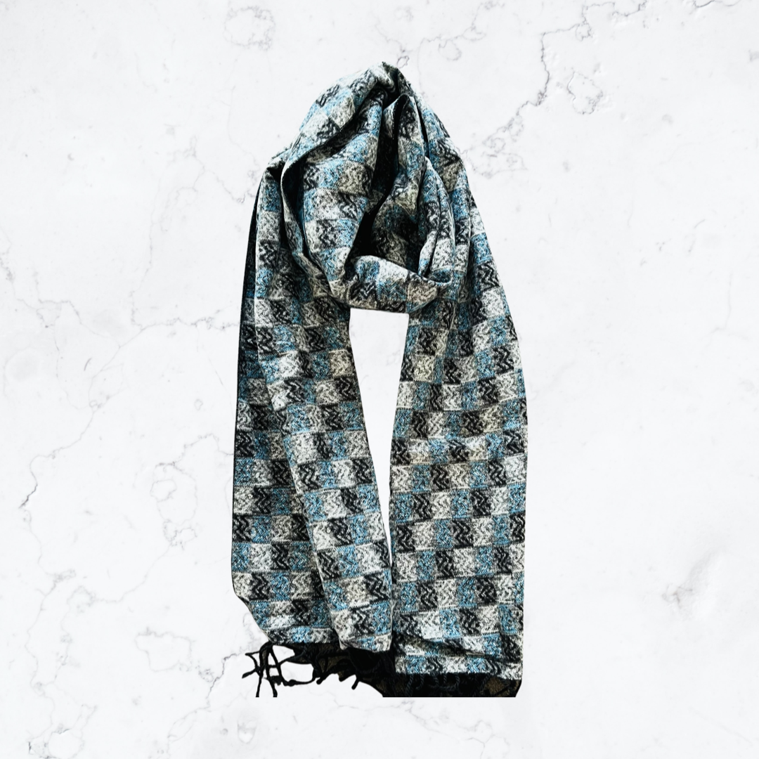 Blue, gray and black color blocking silk scarf