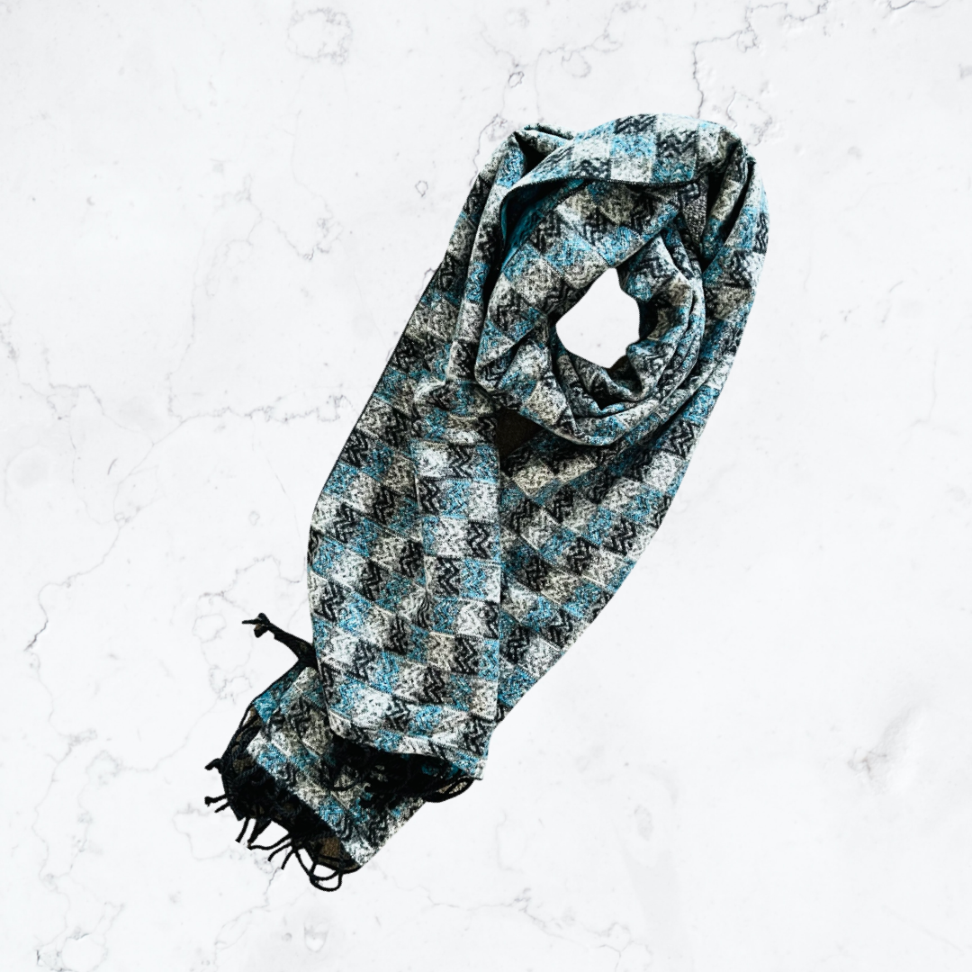 Blue, gray and black color blocking silk scarf