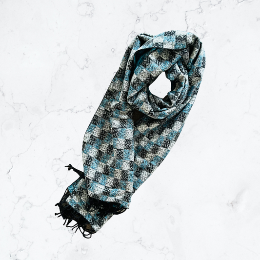 Blue, gray and black color blocking silk scarf