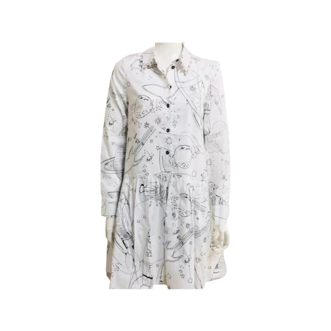 Women's white background printing cotton long sleeve dress