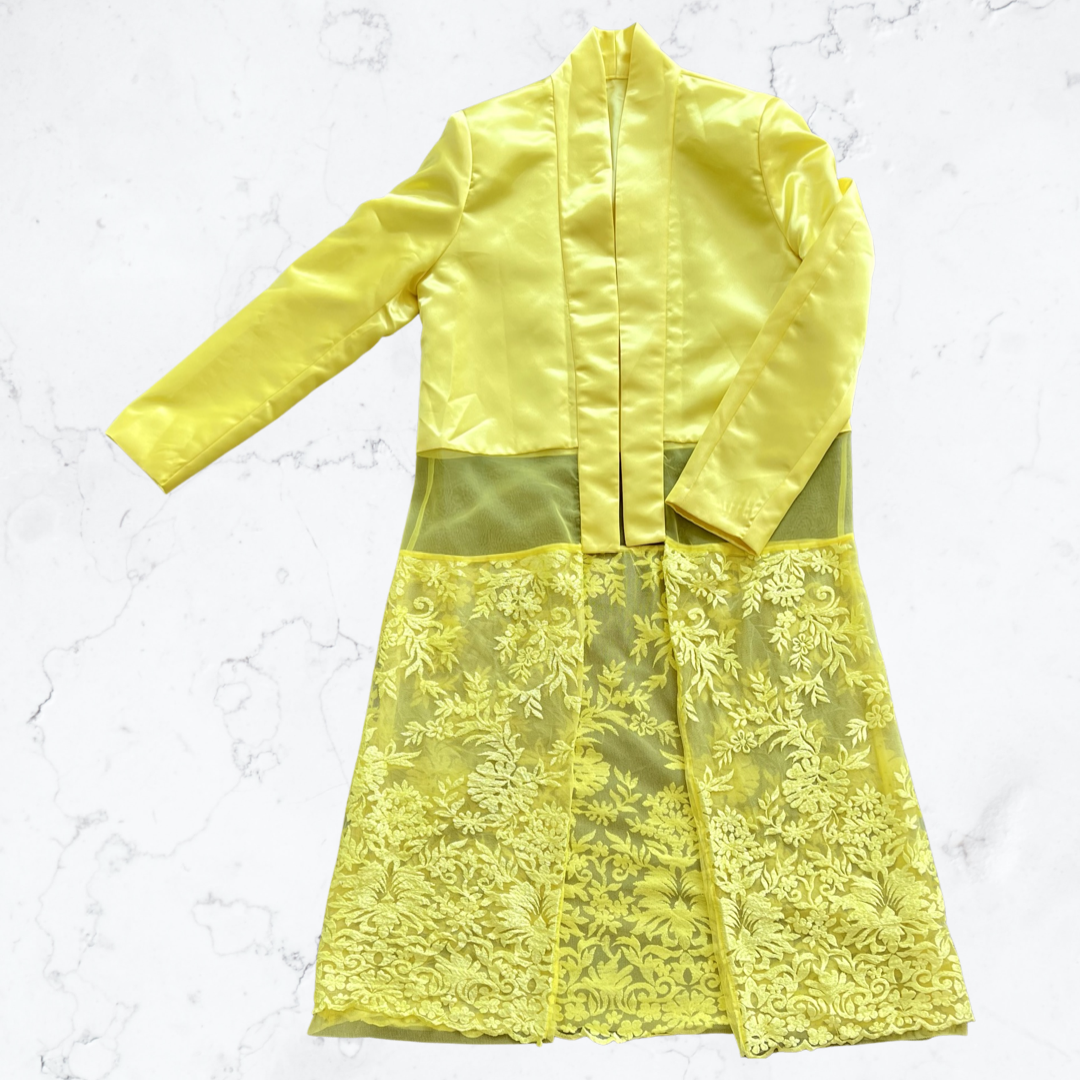 Used yellow fashion silk embroidered trench coat